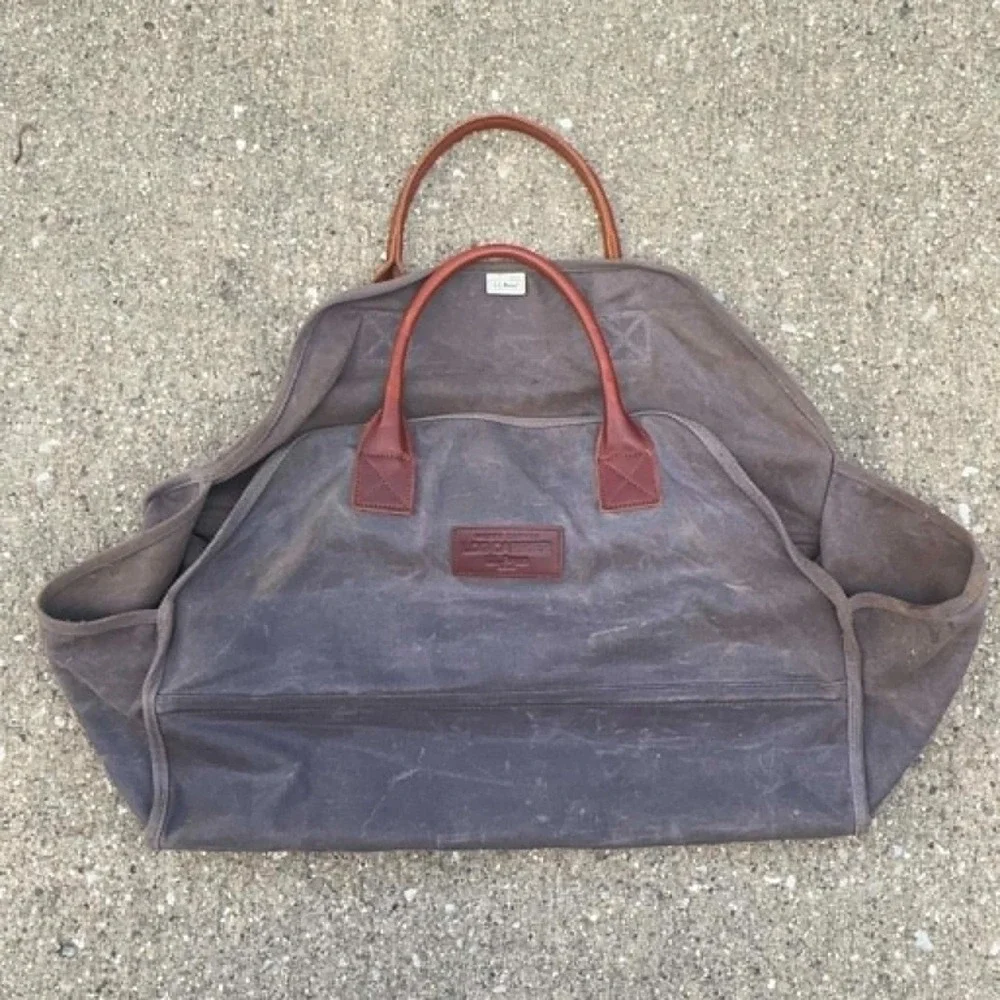 L.L.Bean Waxed Canvas Log Carrier Firewood Tote Leather Handles Brown Wood Carry